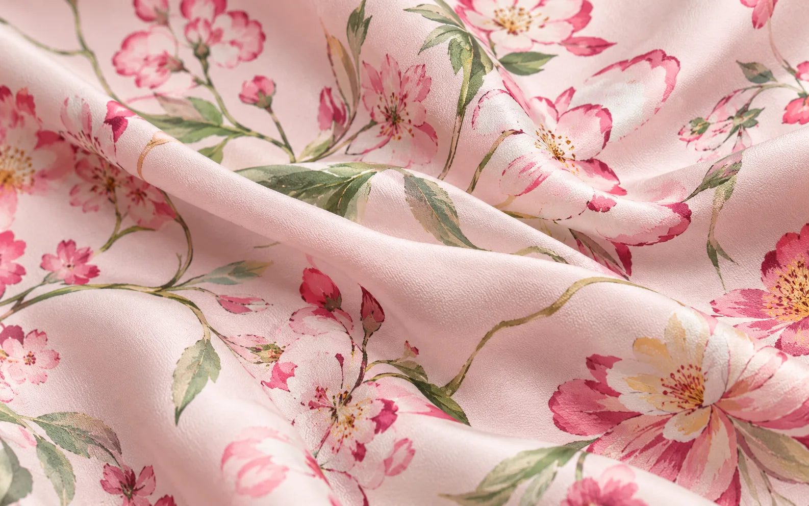 Pink floral silk Crêpe de Chine with a soft, matte surface