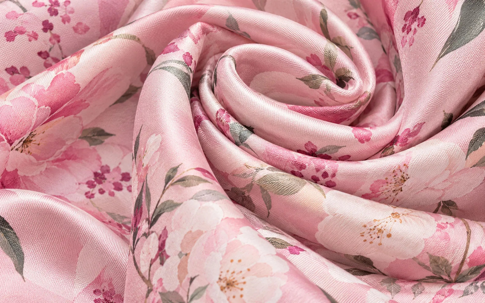 Pink floral silk twill, 14 momme, gathered in soft folds