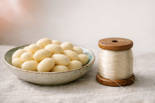 Pale silk cocoons in a ceramic bowl beside a wooden spool of fine raw silk thread, showing the labor-intensive raw material behind finished silk