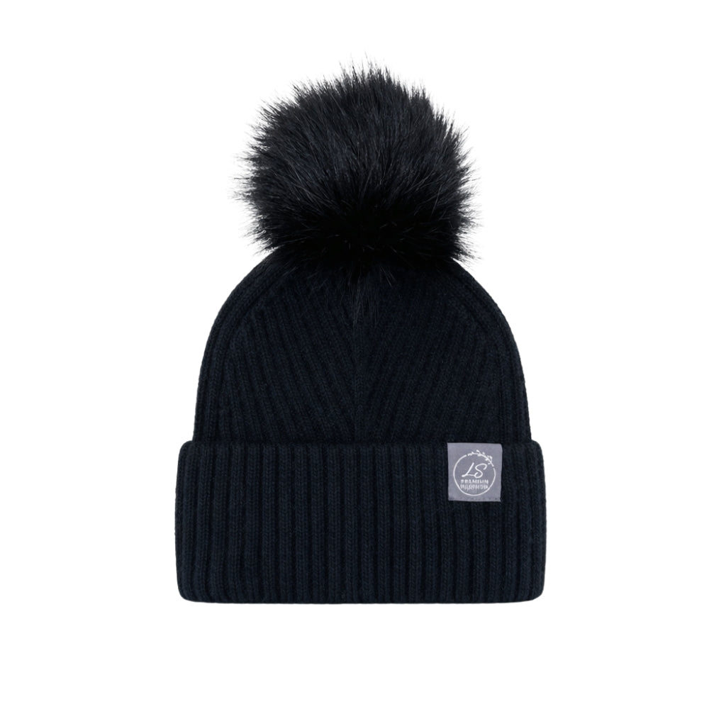 Mulberry Silk-Lined Slim Ribbed Beanie – Cashmere Blend with Removable Pom Pom -Black