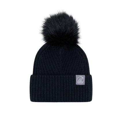 Mulberry Silk-Lined Slim Ribbed Beanie – Cashmere Blend with Removable Pom Pom -Black