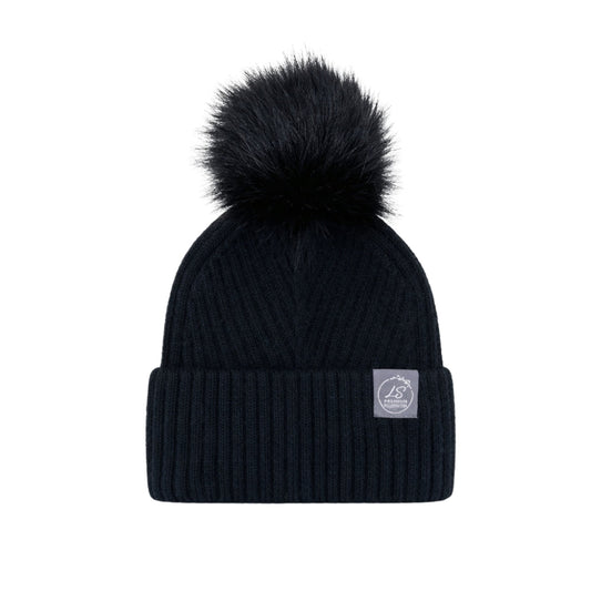 Mulberry Silk-Lined Slim Ribbed Beanie – Cashmere Blend with Removable Pom Pom -Black
