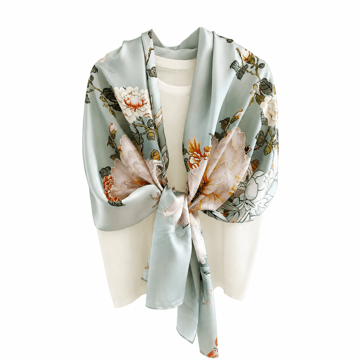 Celadon Peony Pure Mulberry Silk Extra Large Long Scarf