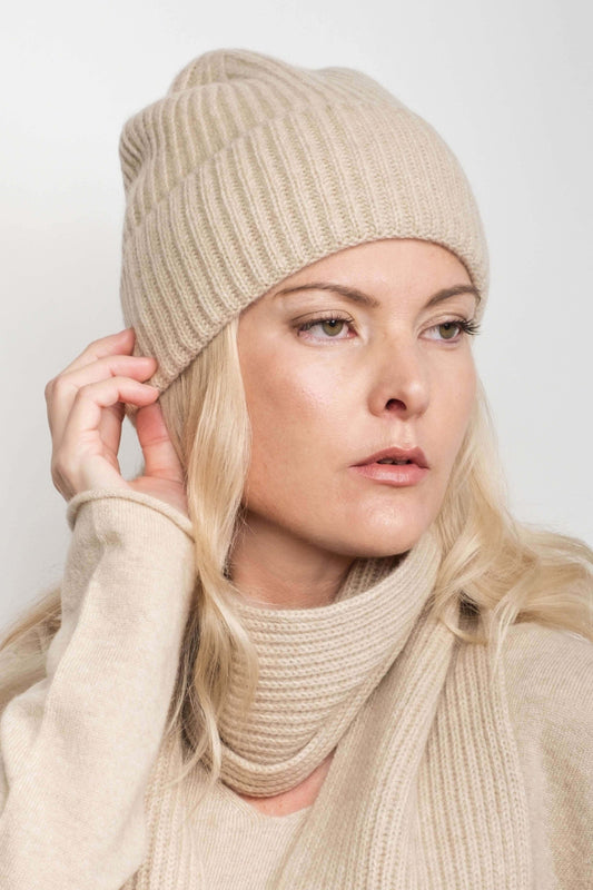 Cashmere Unisex Striped Beanie - Cream