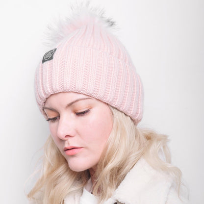 Mulberry Silk-Lined Classic Ribbed Pattern Cashmere Beanie Hat With Removable Pom Pom - Pink