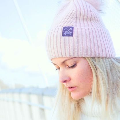 Mulberry Silk-Lined Slim Ribbed Beanie – Cashmere Blend with Removable Pom Pom -Pink