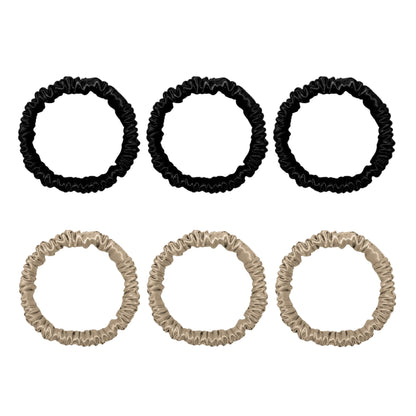 6 Pack Premium Mini Mulberry Silk Scrunchies - Black & Champagne