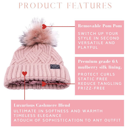 Mulberry Silk-Lined Slim Ribbed Beanie – Cashmere Blend with Removable Pom Pom -Grey