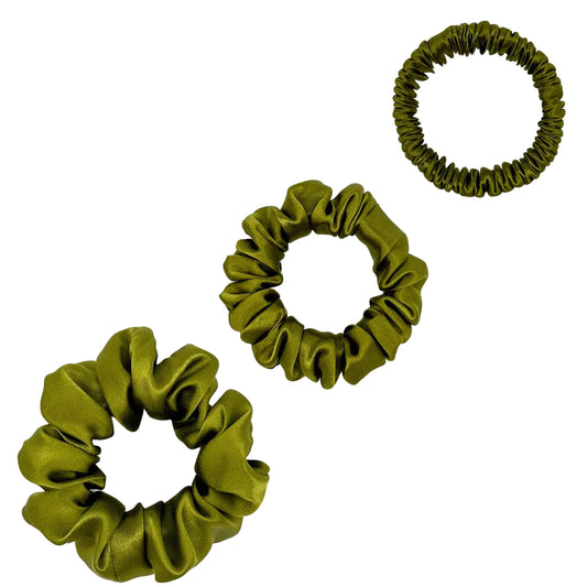 Silk Scrunchies Trio - Olive - Mini, Small, Medium