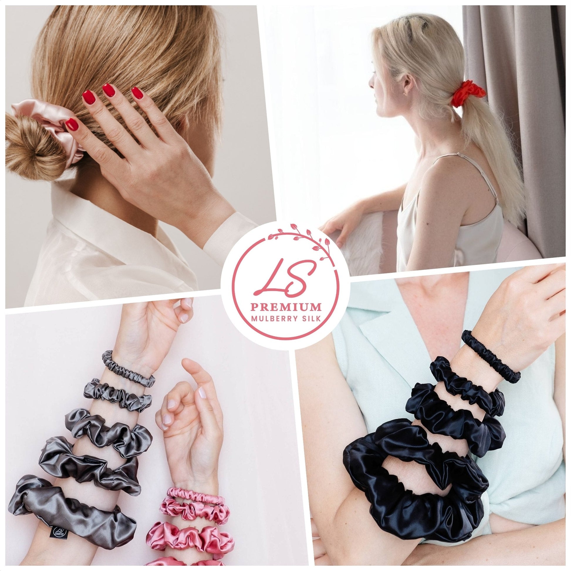 Silk Scrunchies Set - Black - Mini, Small, Medium - Lovesilk.co.nz