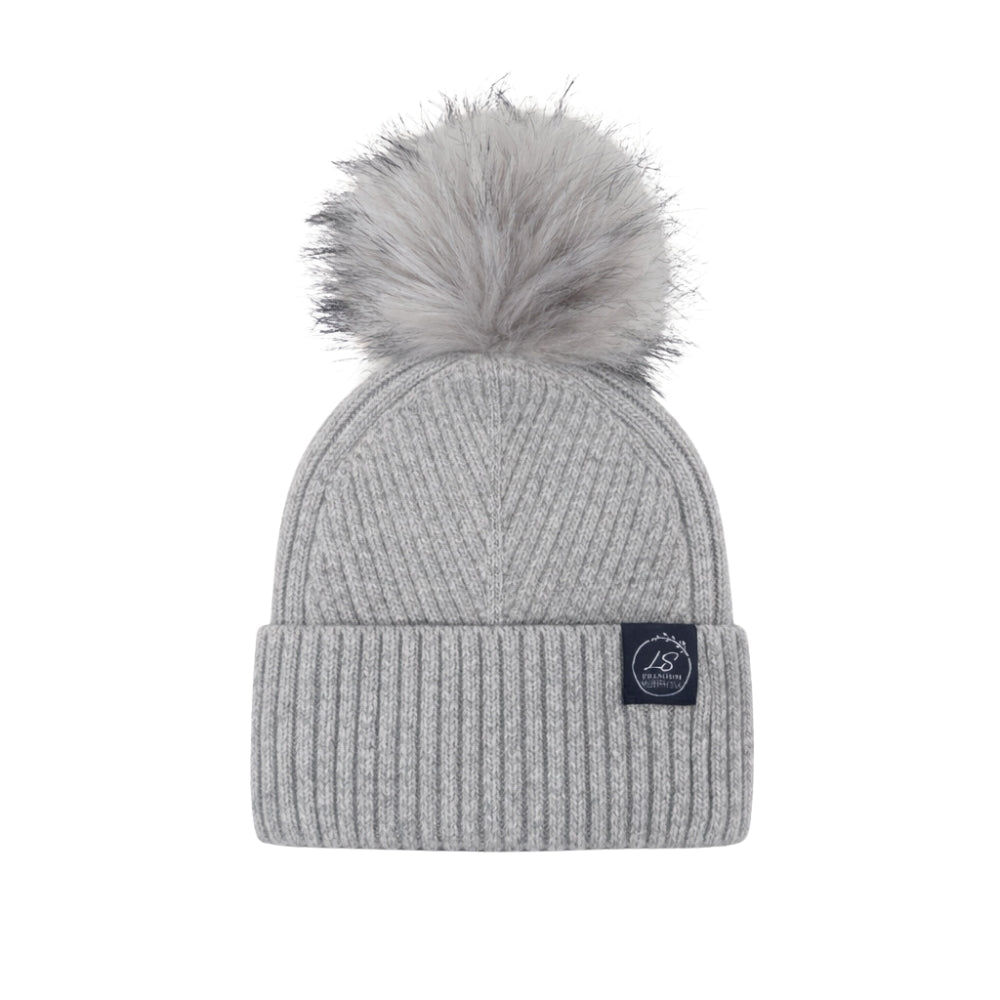 Mulberry Silk-Lined Slim Ribbed Beanie – Cashmere Blend with Removable Pom Pom -Grey