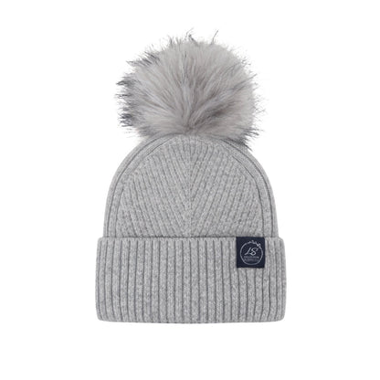 Mulberry Silk-Lined Slim Ribbed Beanie – Cashmere Blend with Removable Pom Pom -Grey