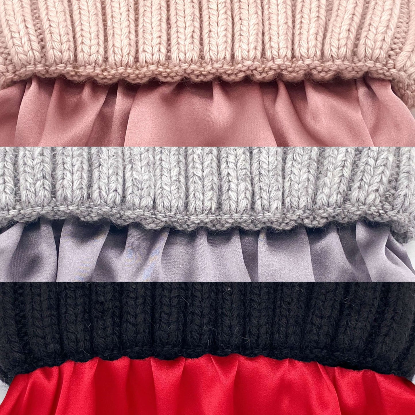 Mulberry Silk-Lined Slim Ribbed Beanie – Cashmere Blend with Removable Pom Pom -Grey