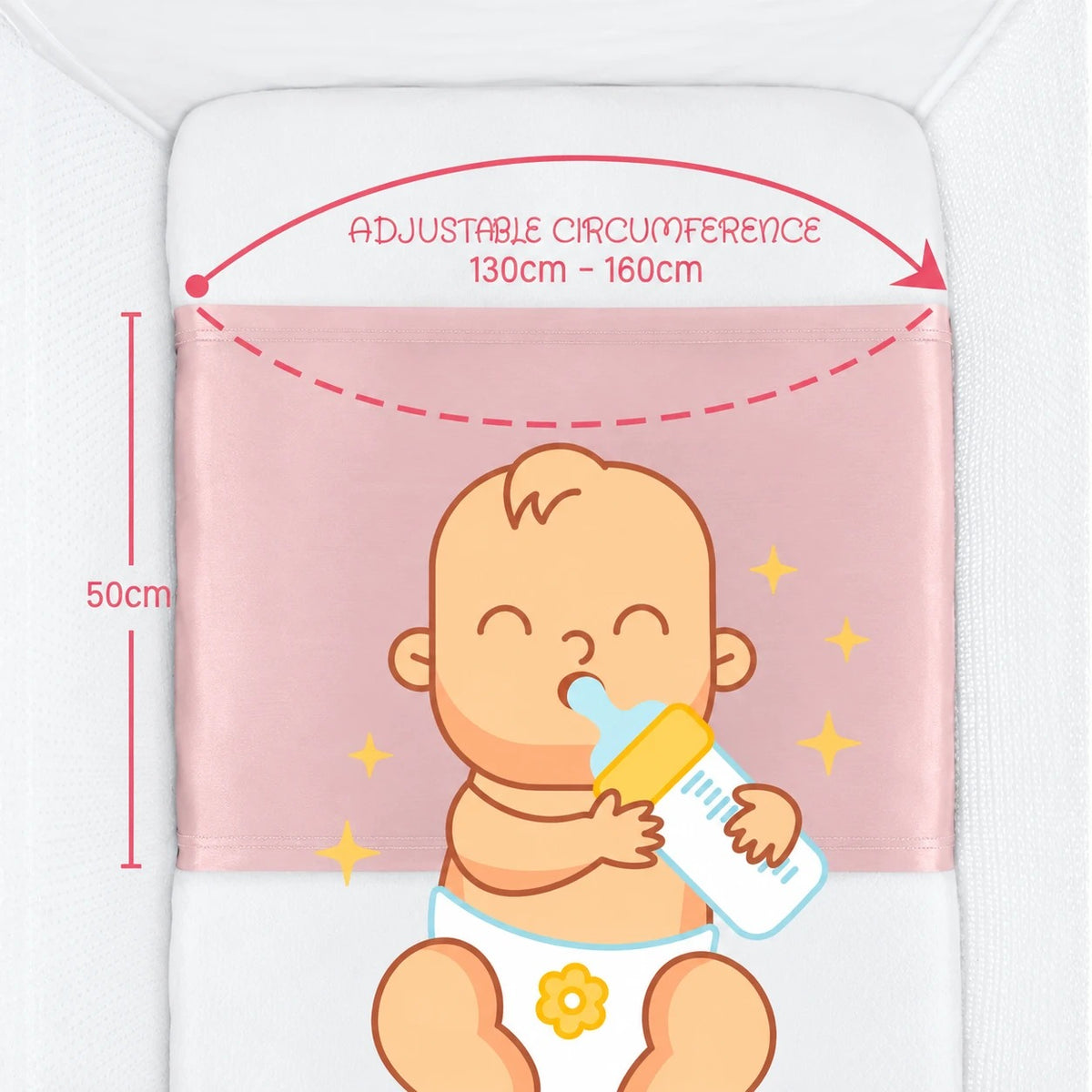 Silk cot sleeve size diagram: 50 cm silk panel, adjustable to fit mattress circumference 130–160 cm – LS Silk